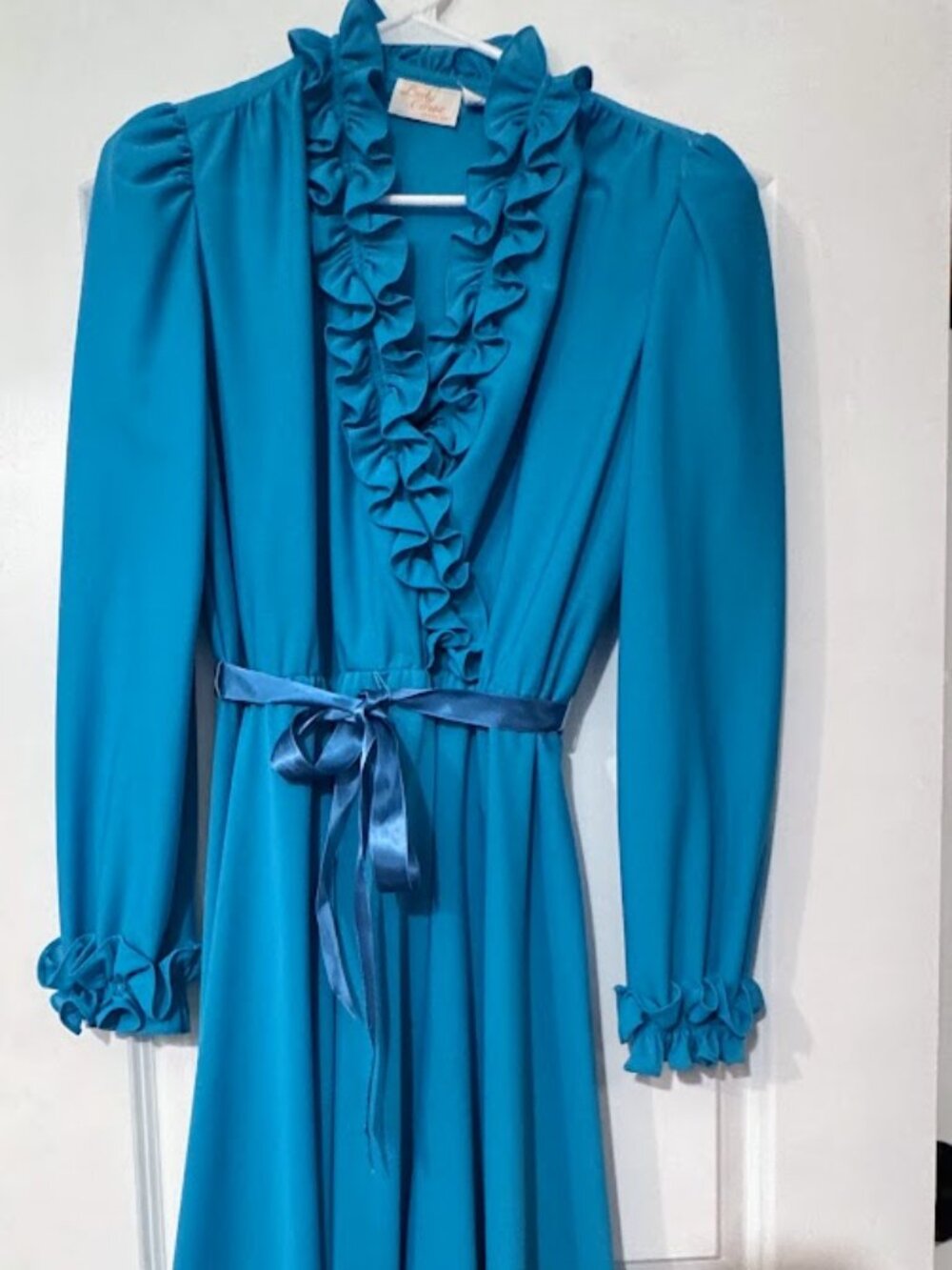 Vintage Teal Blue Ruffle Front Maxi Dress Lady Carol Size 12